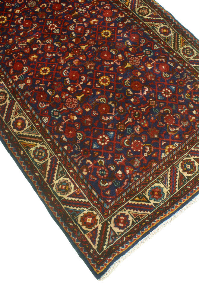 Fine Vintage Distressed Meyramgu Navy/Red Runner, 3'8 x 10'1