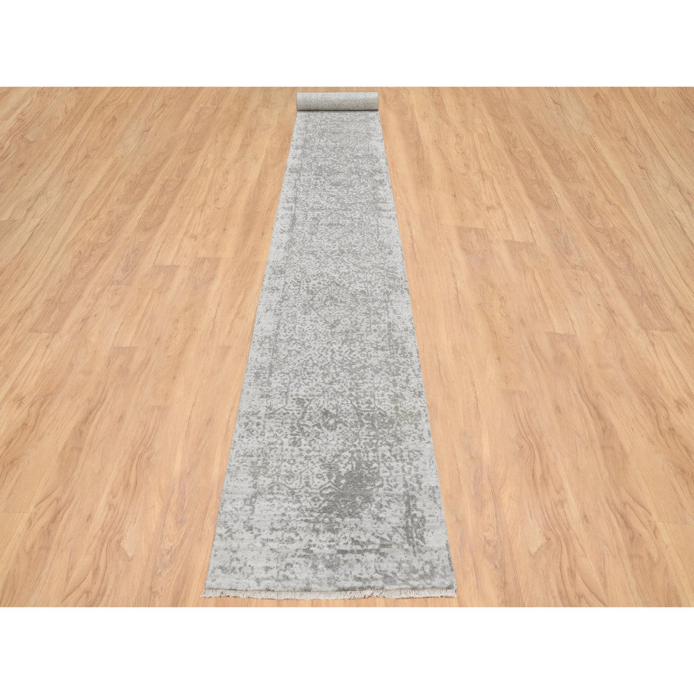 Gray Wool and Silk Broken Persian Design Hand Knotted XL Runner Rug, 2'7"x20'0"