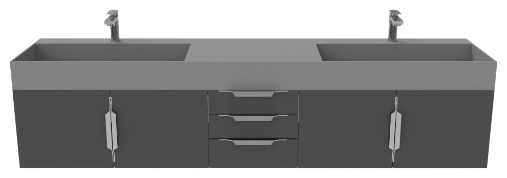 CastelloUSA Amazon 84" Wall Mounted Bathroom Vanity Set, Black, Gray Top, Brushed Nickel