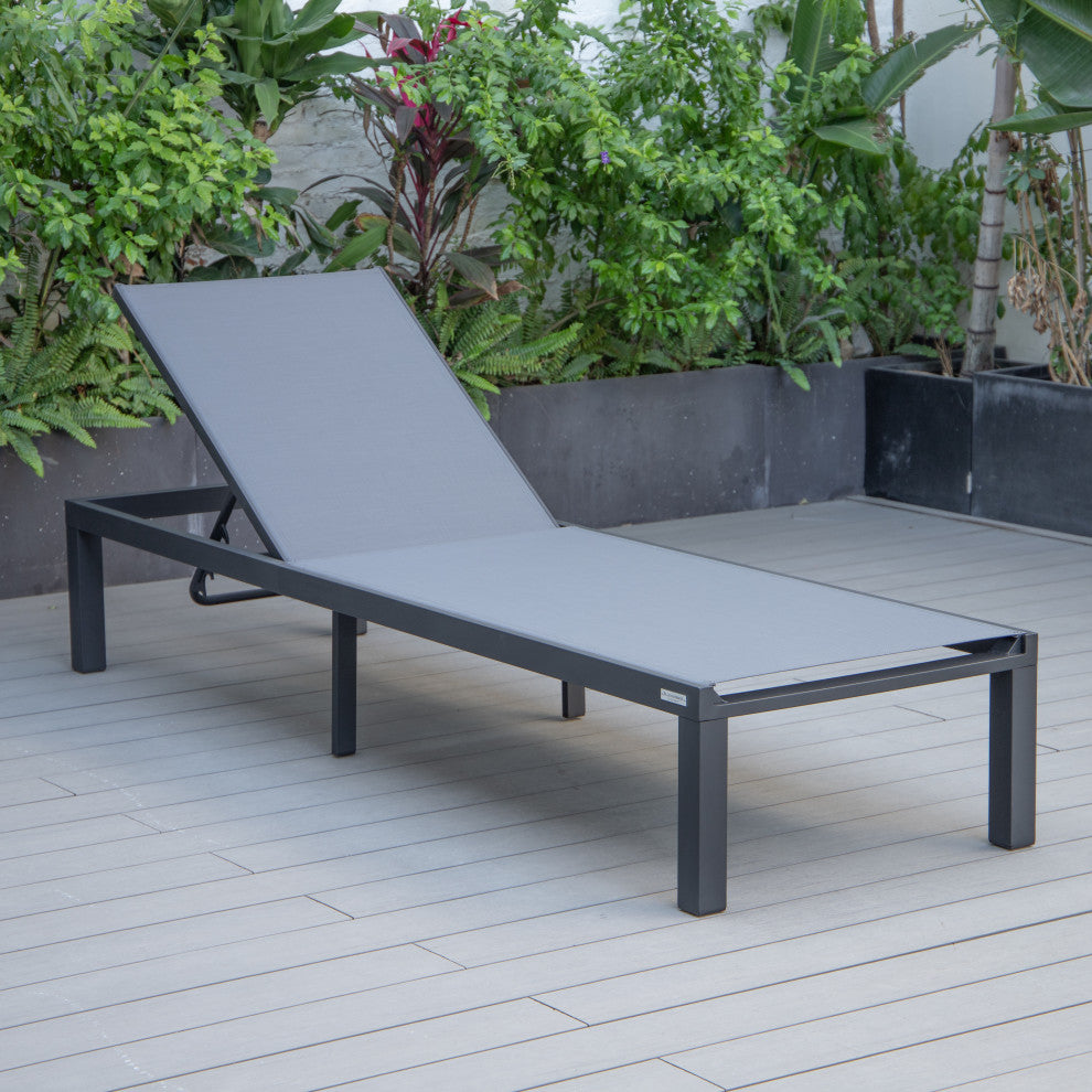 LeisureMod Marlin Black Patio Chaise Lounge Chair with Fire Pit Table, Dark Gray