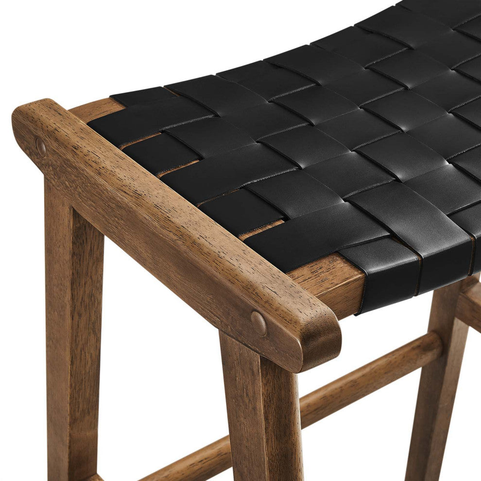Saoirse Faux Leather Wood Bar Stool, Set of 2, Walnut Black