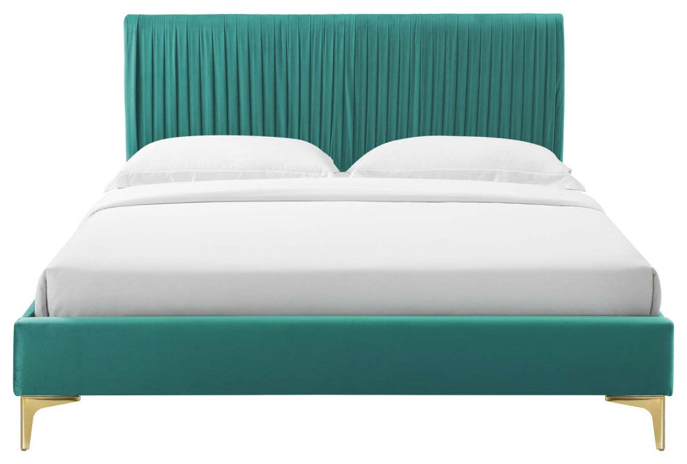 Platform Bed Frame, King Size, Velvet, Teal Blue, Modern Contemporary, Bedroom