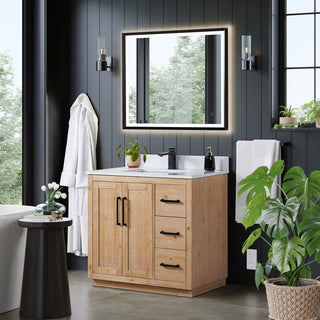 Cicero Vanity, Grain White Engineered Stone Countertop, Light Brown, 36", With Mirror