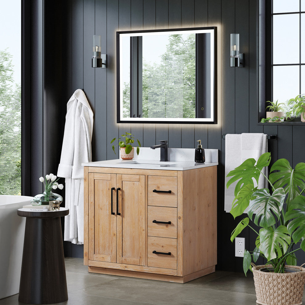 Cicero Vanity, Grain White Engineered Stone Countertop, Light Brown, 36", With Mirror