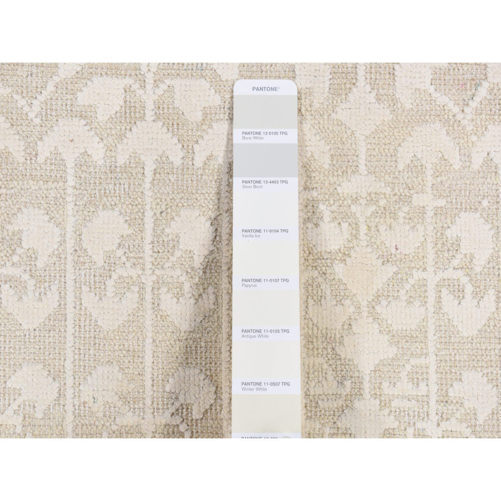 Ivory, Hand Knotted, Tone on Tone, Pure Silk With Wool, Runner Rug, 2'6"x11'8"