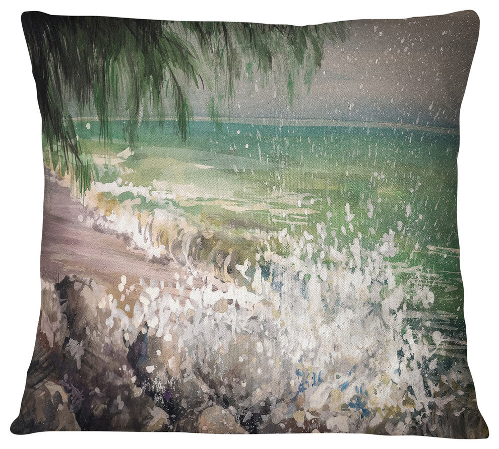 Rocky Seashore with White Waves Seashore Throw Pillow, 18"x18"