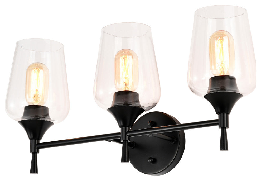 21 in. 3-Light Matte Black Vanity Light With Clear Wine Glass Shades
