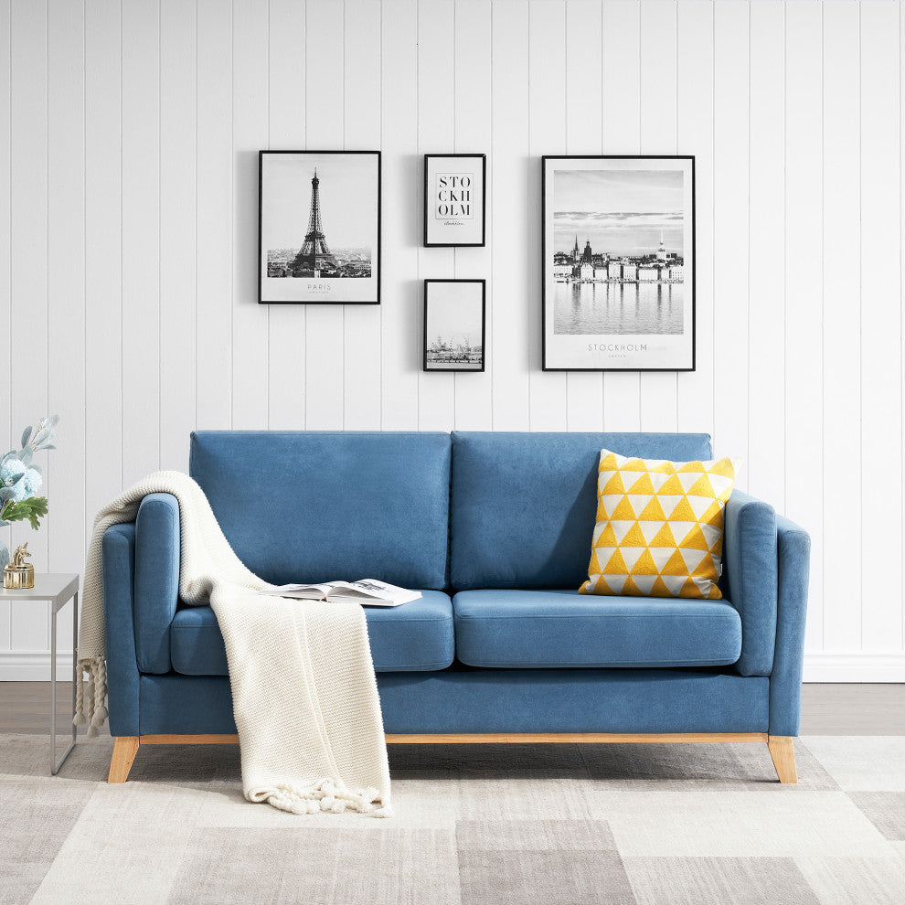 73" Chenille Fabric Tuxedo Arm Loveseat with Cushion, Blue, 73"