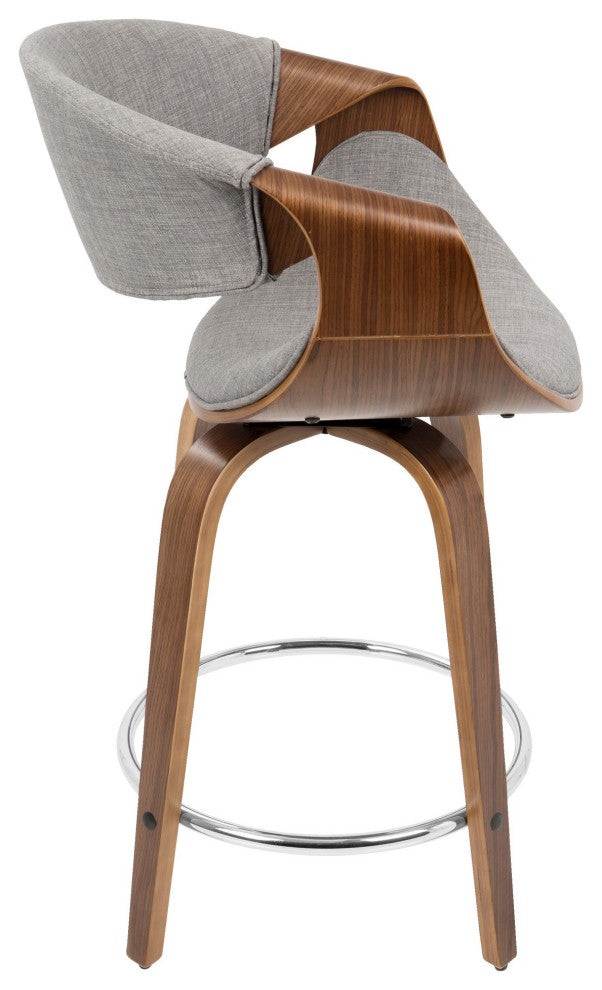 Curvini 24'' Counter Stool, Set of 2, Walnut Wood/Light Gray Fabric/Chrome