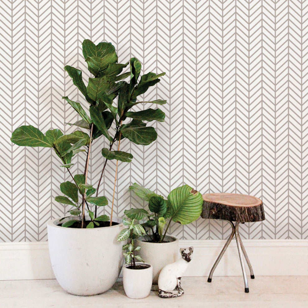 Herringbone Line Peel and Stick Vinyl Wallpaper , Warm Gray, 24"w X 60"h