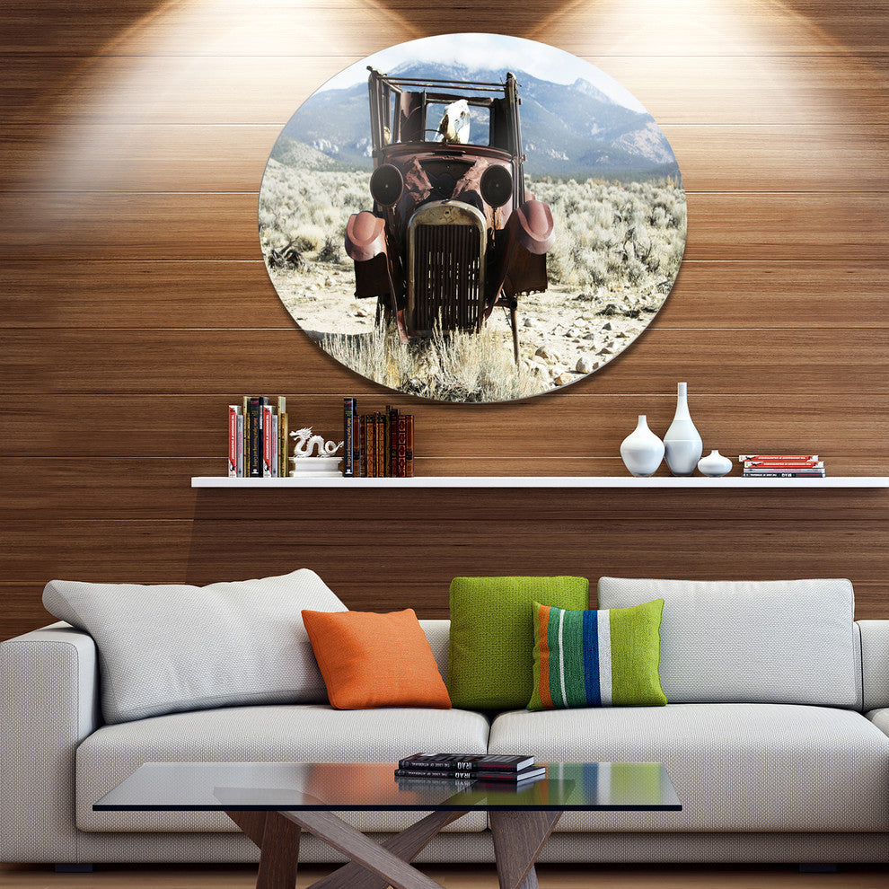 Retro Car In Mountainous Area, Landscape Large Disc Metal Wall Art, 23"