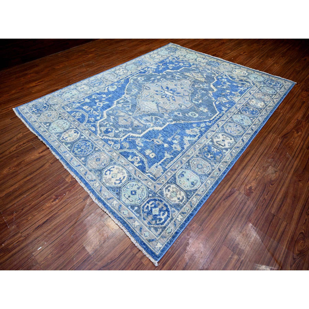 Steel Blue, Anatolian Village Inspired Soft Wool Hand Knotted Rug, 8'x10'1"
