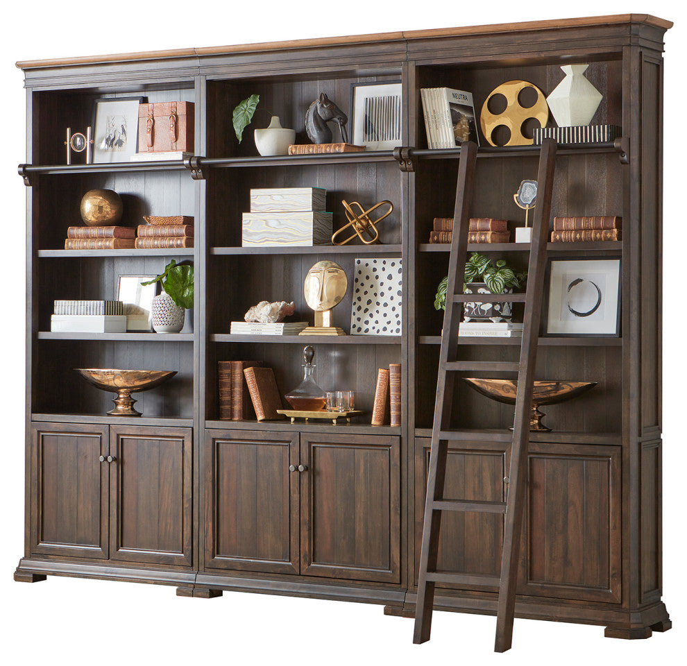 Executive Bookcase Wall With Wood Ladder, Fully Assembled, Brown