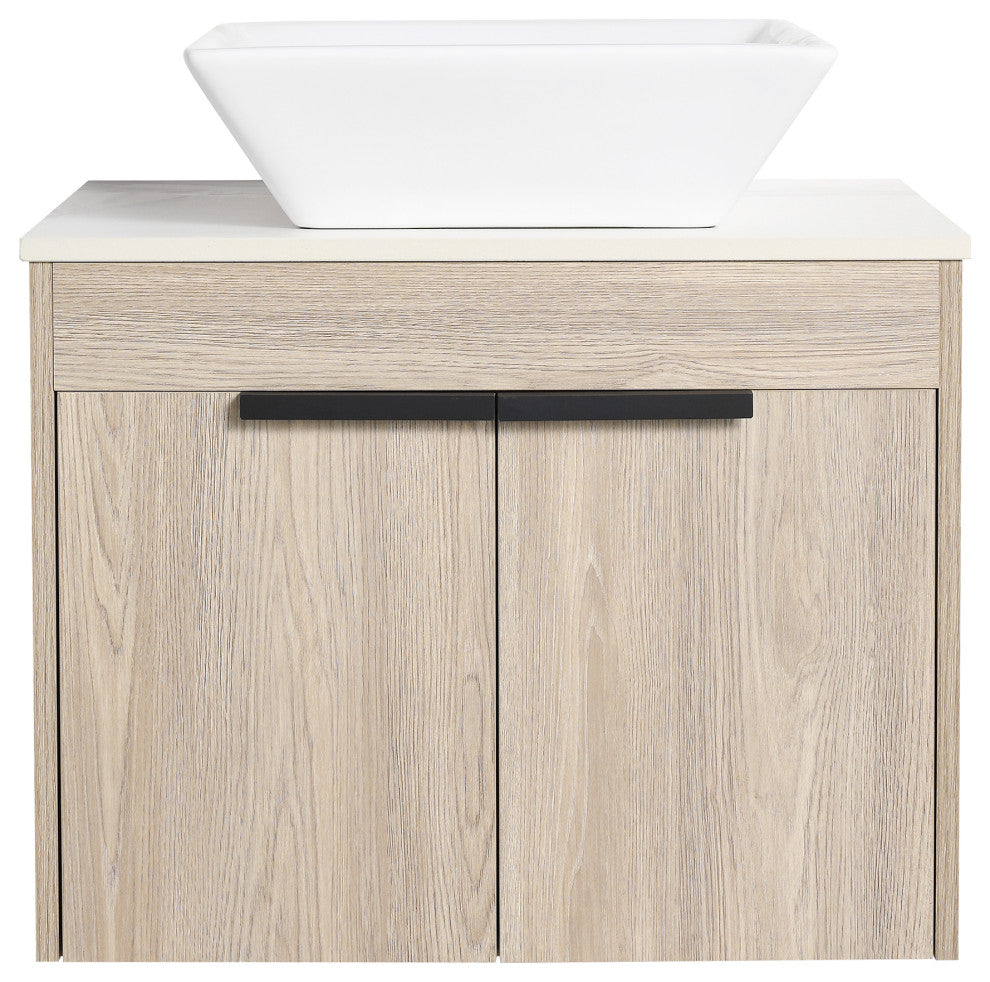 Wall-Mounted Bath Vanity, White Oak, White Ceramic Vessel Sink