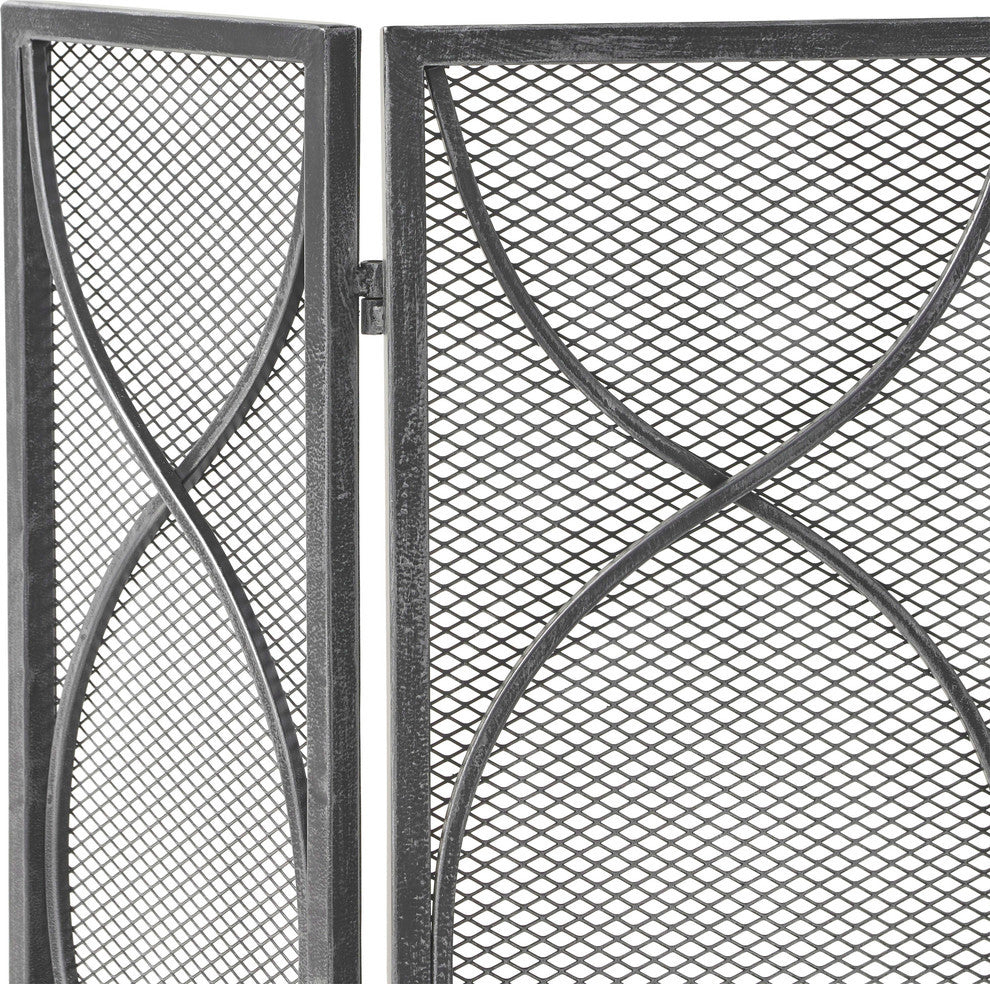 Laylah Modern Three Panel Iron Firescreen, Black Silver Finish