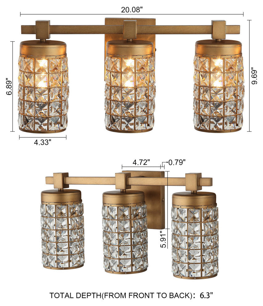 Modern 20 in. 3-Light Gold Wall Sconce Vanity Light with Crystal Cylinder Shade