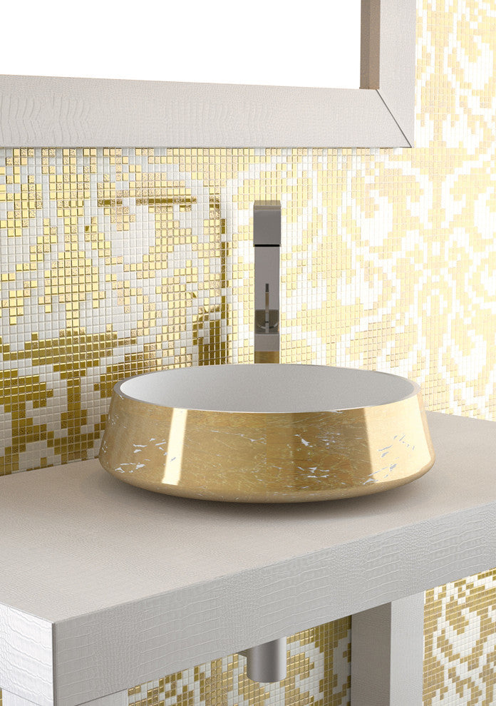 Exte Luxe Bathroom Vessel Sink, White and Gold