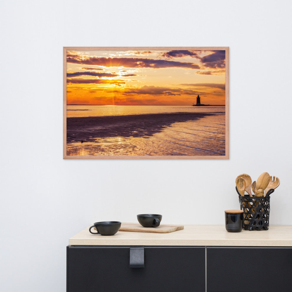 Cape Henlopen at Sunset Coastal Landscape Framed Photo Paper Wall Art Prints, Red Oak, 24" X 36"