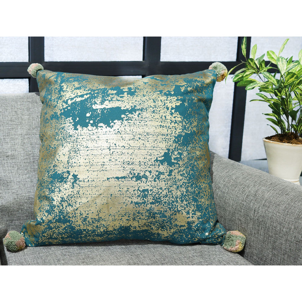 Gold Machine Woven with Pom Poms Willoughby Throw Pillow, 20" x 20"