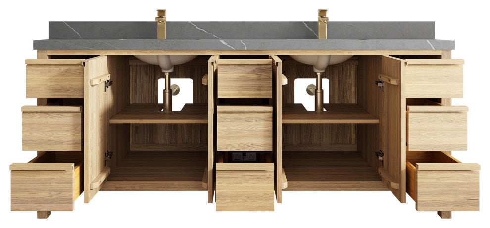 Elizabeth Oak 84" Double Sink Vanity, White 2" Piatra Gray