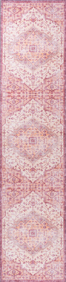 Alacati Ogee Medallion Machine Washable Indoor Area Rug, Red/Orange/Cream, 2 X 8