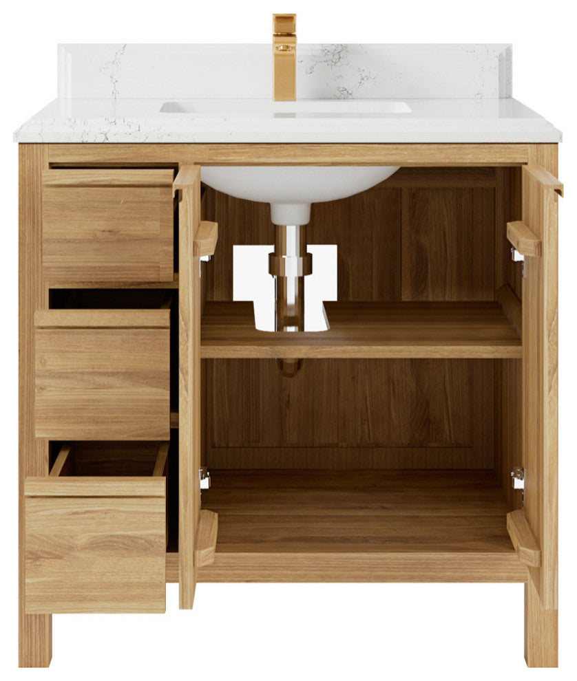 Elizabeth 36 Center Sink Bath Vanity in Light Natural Teak 1.5" Empira Quartz