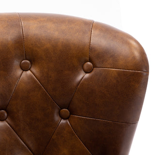 Vintage Button Tufted Faux Leather Slipper Chair, Yellowish-Brown