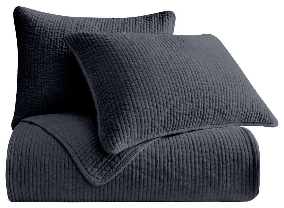 Stonewashed Cotton Velvet Quilt Set, Full/Queen, Navy, 3 Piece
