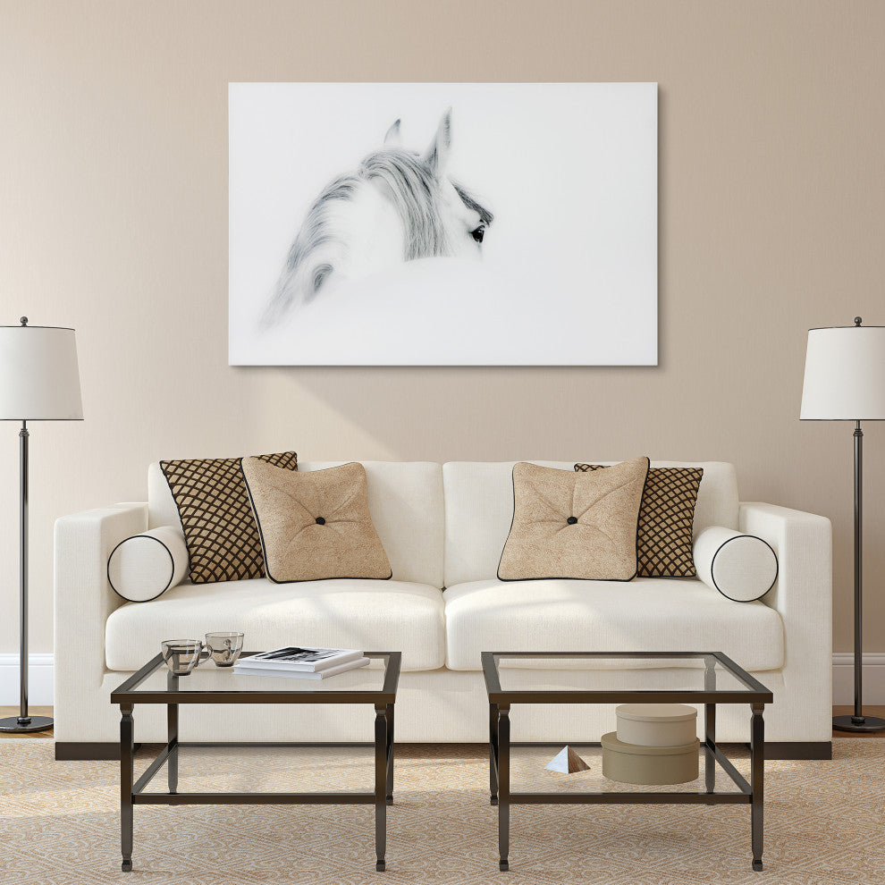 White Horse Wall Art Frameless Free Floating Tempered Glass Panel, 48" x 32"