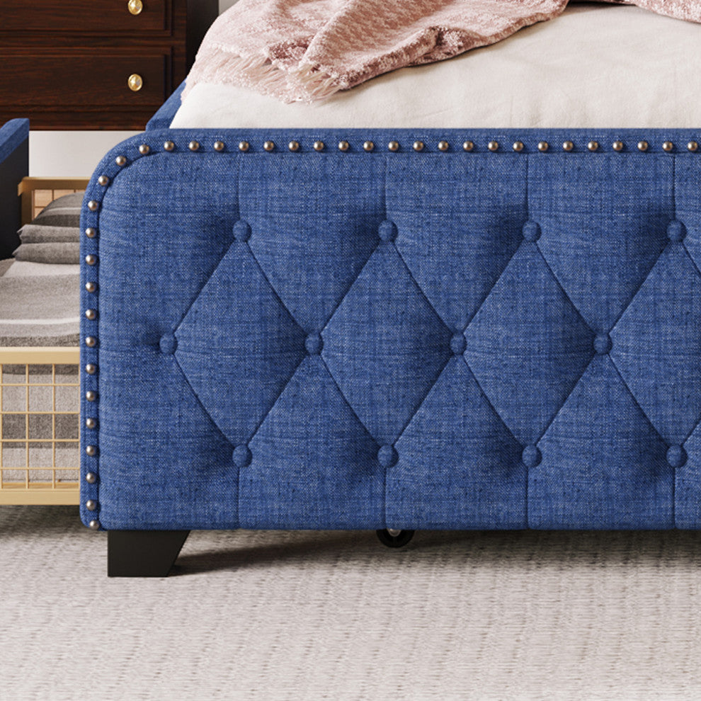 Metal Platform Bed with Headboard, Upholstered and 4-Drawer, Blue, 84.6" X 79.5"