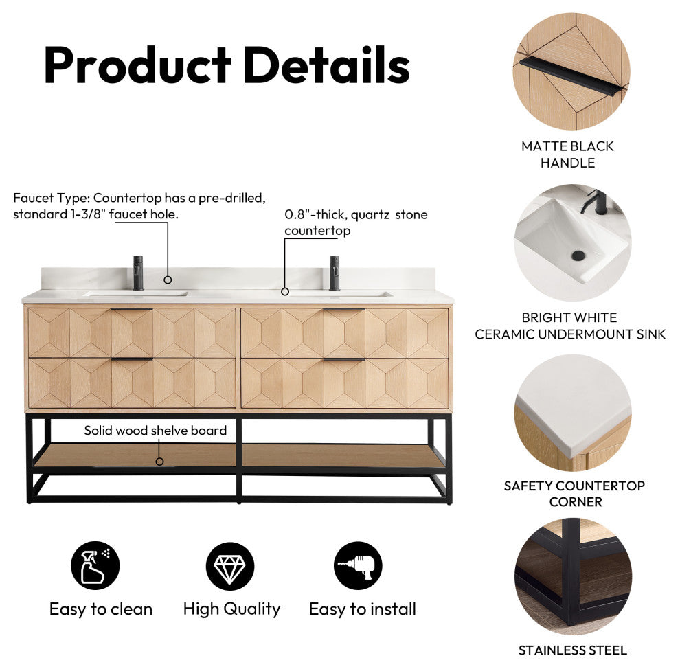 Milagro Bath Vanity With Top, Washed Ash Grey, Matte Black Base, 72", No Mirror
