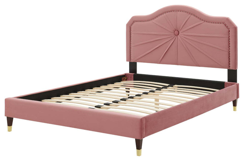 Platform Bed Frame, Full Size, Velvet, Pink, Modern Contemporary, Bedroom Master