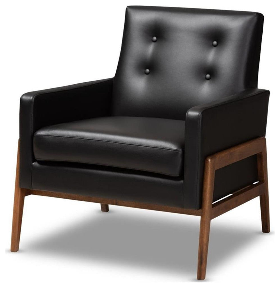 Perris Midcentury Modern Black Faux Leather Upholstered Walnut Wood Lounge Chair