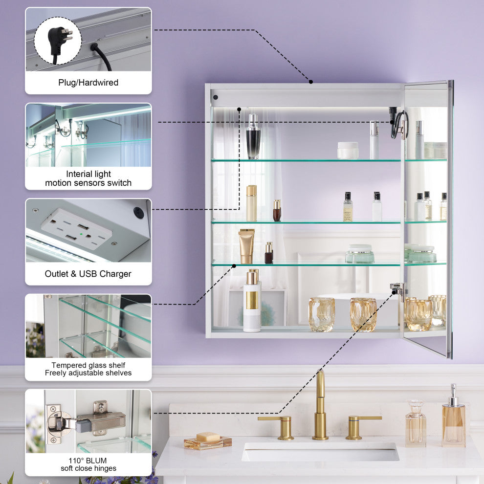 Recessed/Surface Mount LED Medicine Cabinet Mirror with Defogger, 24"x30" Right Hinge