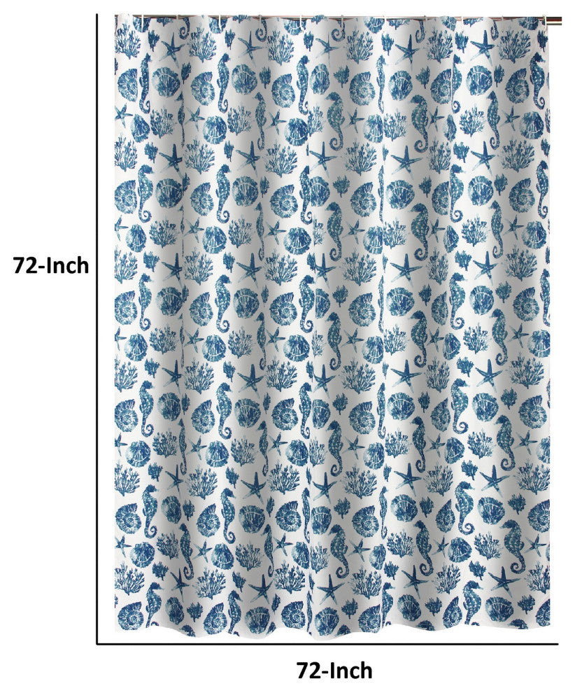 Benzara BM293486 Shower Curtain, Blue Seashells Print, Button Holes, Microfiber