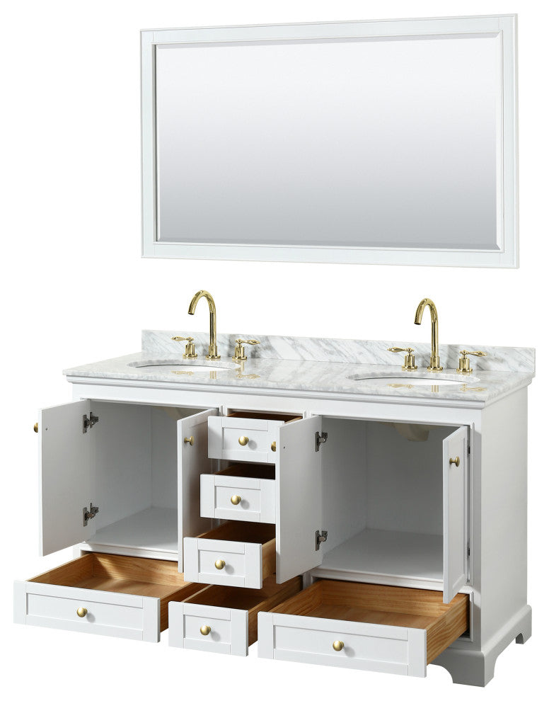 60"DBL Bath Vanity White, Carrara Countertop, Sinks, Gold Trim, 58" Mirror