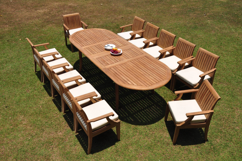 13-Piece Outdoor Teak Dining Set: 117" Oval Extension Table, 12 Lagos Arm Chairs