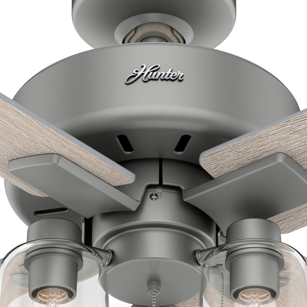 Hunter 52" Pelston Ceiling Fan, Matte Silver With LED Light and Pull Chain