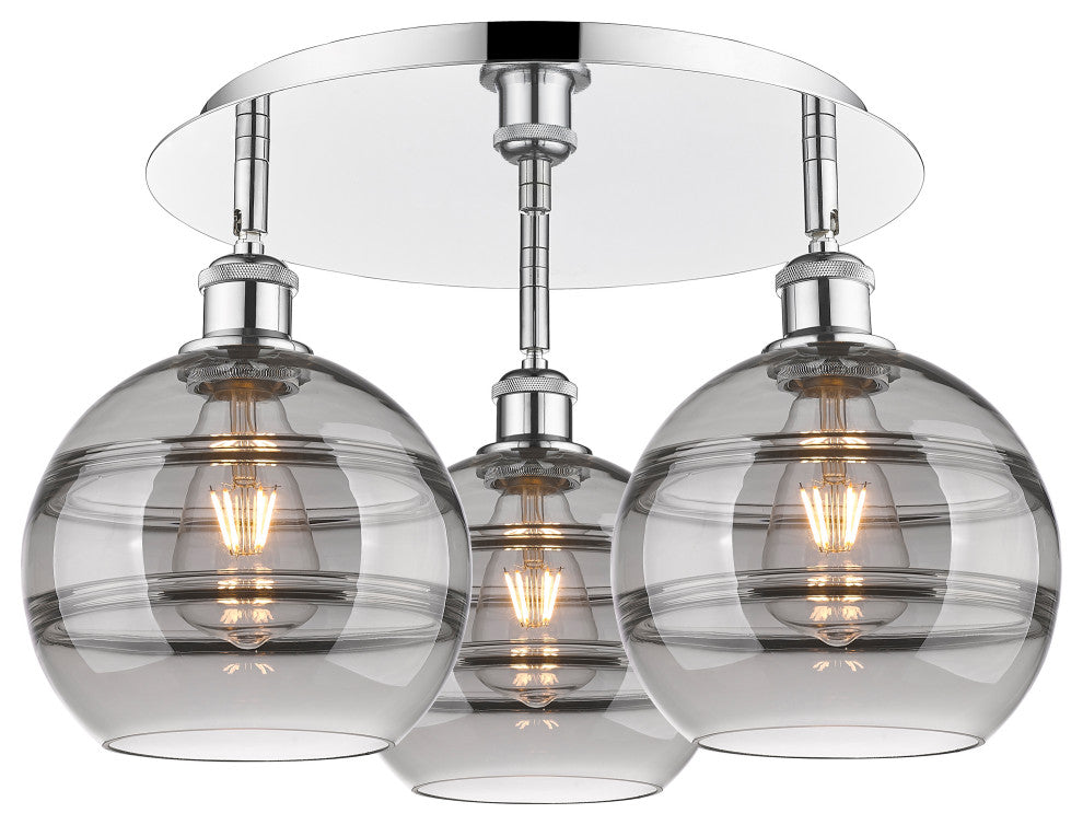 Ballston-Rochester 3-Light 20" Flush Mount, Polished Chrome, Light Smoke
