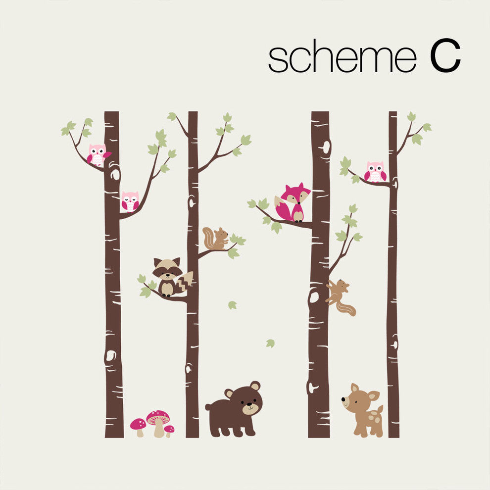 Birch Trees With Cute Forest Animals Wall Decal, Scheme C, 108" Tall Trees