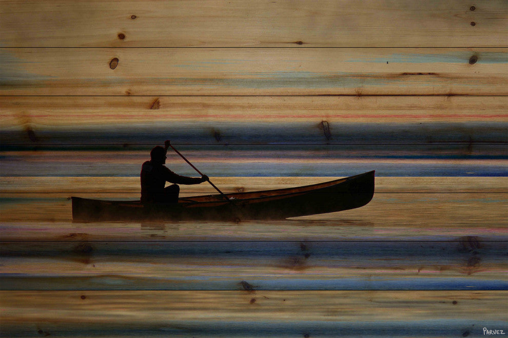 "Canoe on Calm Lake" Print on Natural Pine Wood, 36"x24"