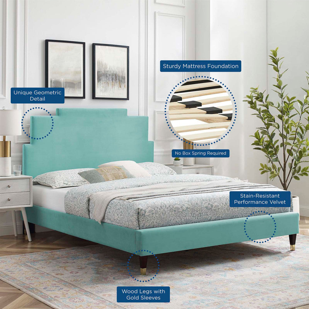Platform Bed Frame, King Size, Velvet, Blue, Modern Contemporary, Bedroom Master