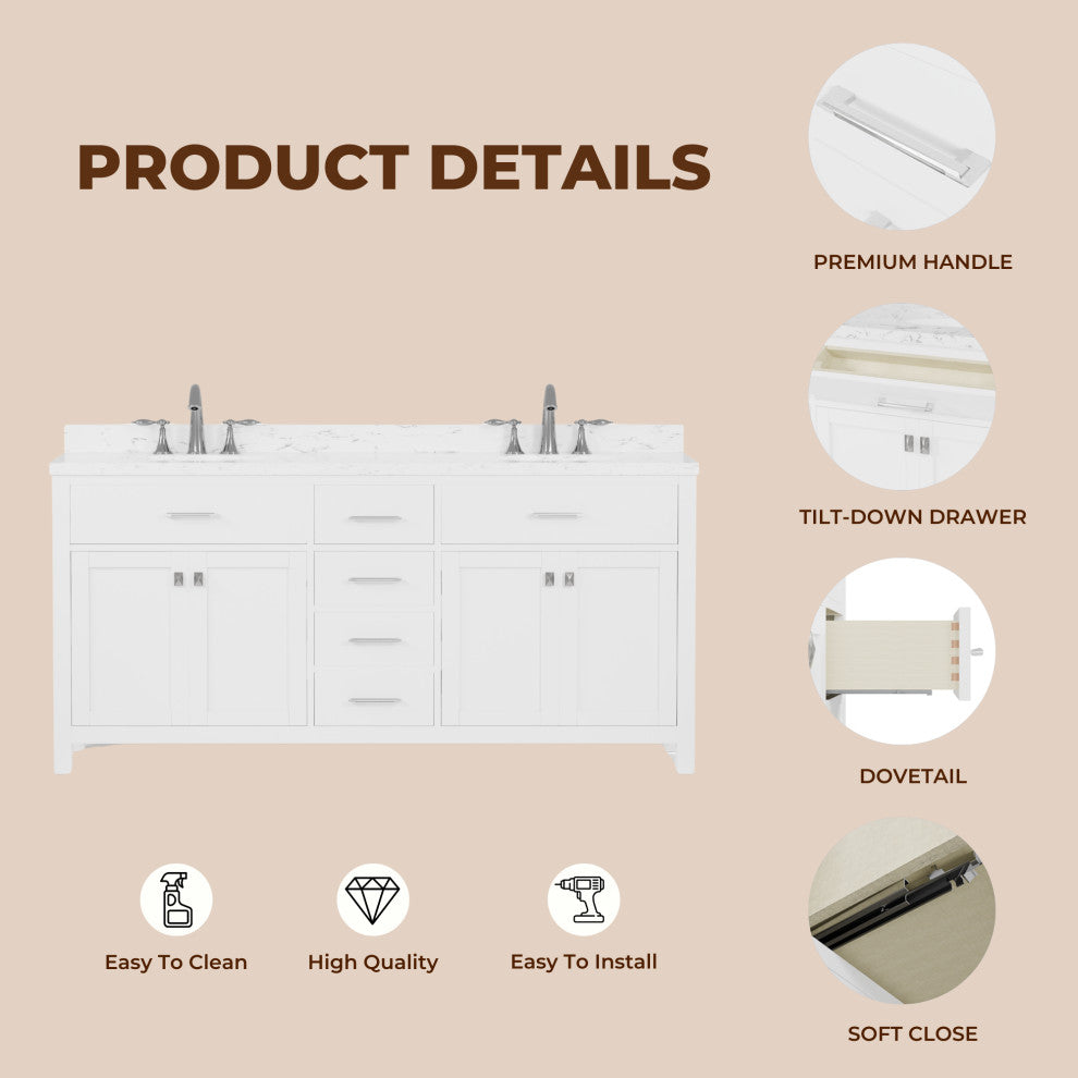 Caroline 72" Double Bath Vanity With Cultured Marble Quartz Top, White