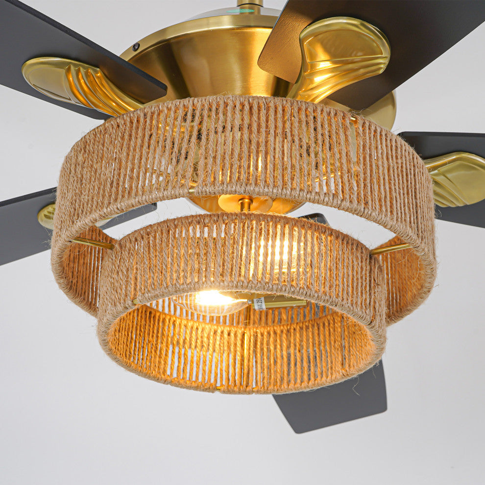 52 in Farmhouse Brushed Gold Ceiling fan with Hemp Rope Shade