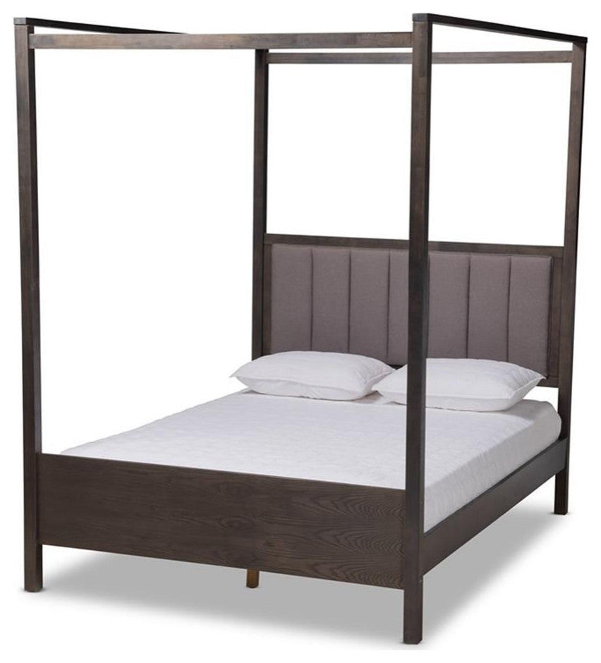 Gray Fabric Dark Gray Oak Finished Wood Queen Size Platform Canopy Bed