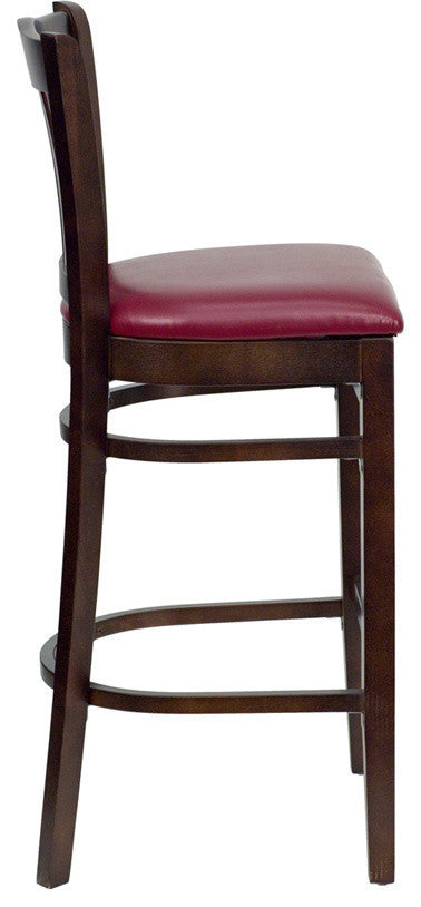 Vertical Slat Back Walnut Wood Restaurant Barstool, Burgundy Vinyl Seat