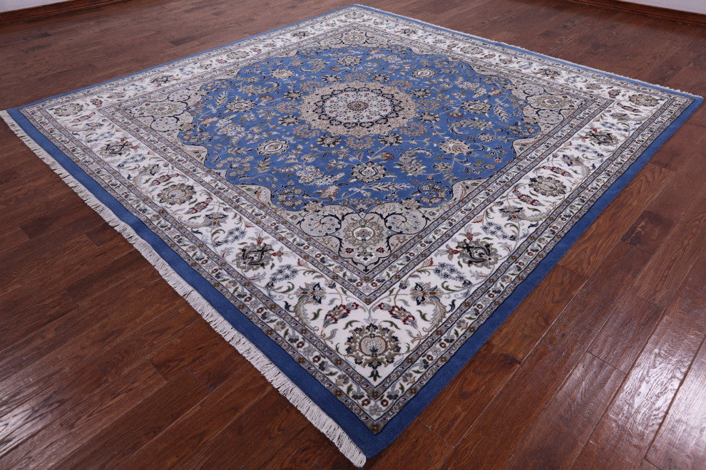 10' Square Persian Nain Wool & Silk Hand Knotted Rug - Q13146