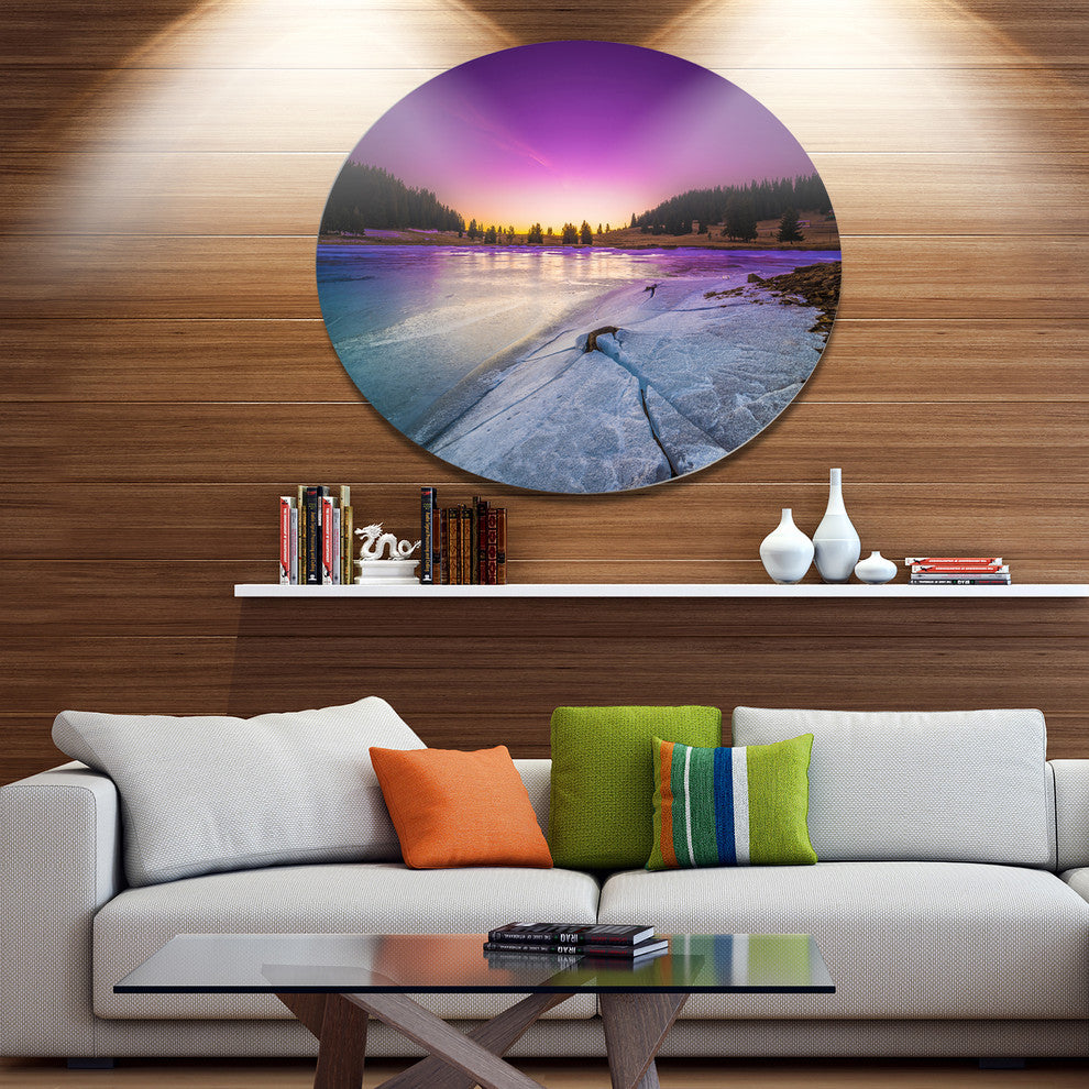 Sunrise Over Frozen Lake, Landscape Disc Metal Artwork, 23"