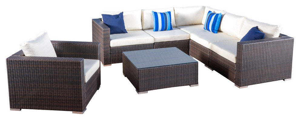 GDF Studio 7-Piece Francisco Outdoor Wicker Seating Sectional Set With Cushions, Multibrown/Beige