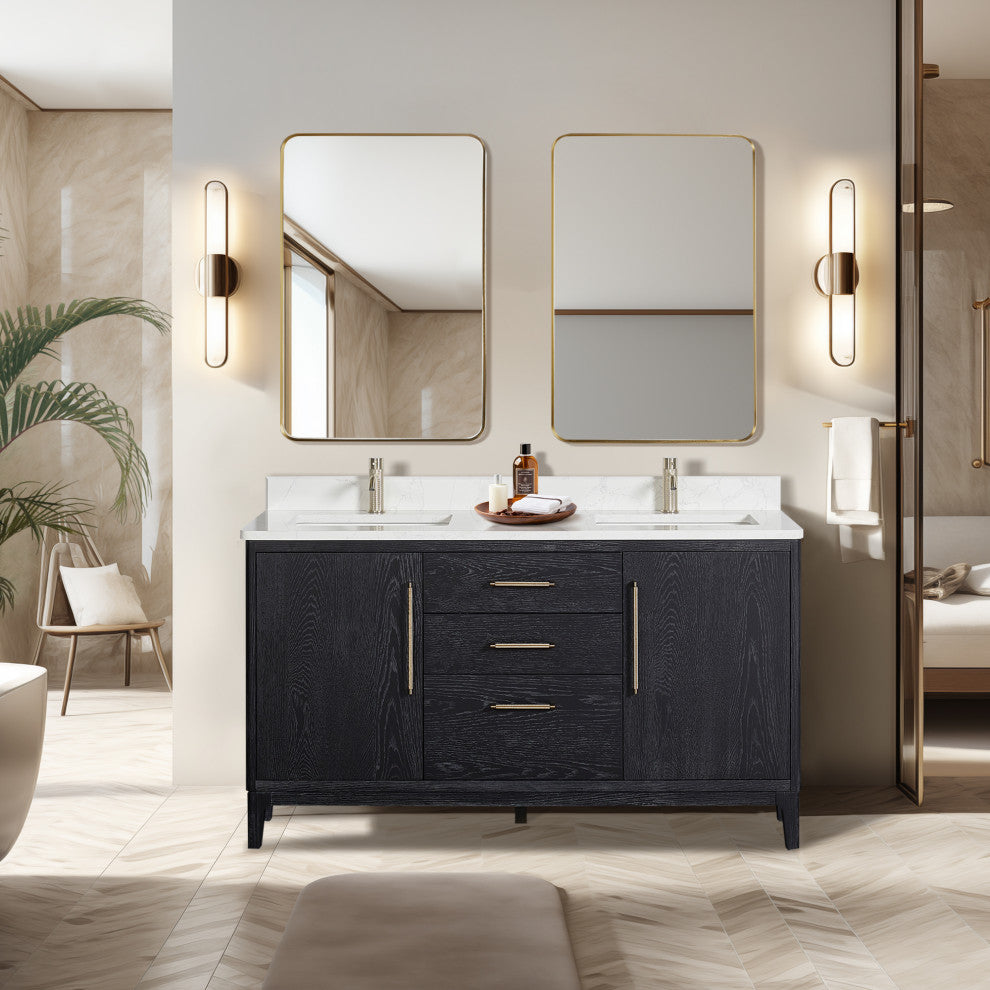 Gara Bath Vanity, Stone Top, Fir Wood Black, 60", Double Vanity, No Mirror